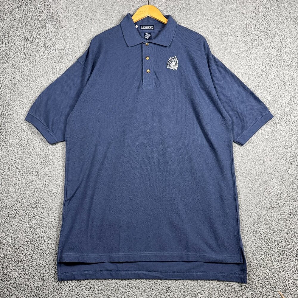 Vintage Polo Shirt Mens Size XL Tall Navy Blue Cotton Wolf Embroidery Canvas